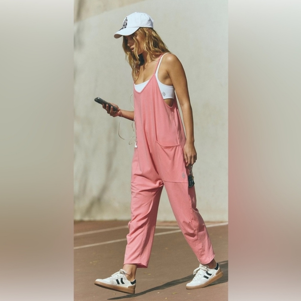 Free People Hot Shot Onesie Pink Jumpsuit Hibiscus Cotton Oversized Lounge L